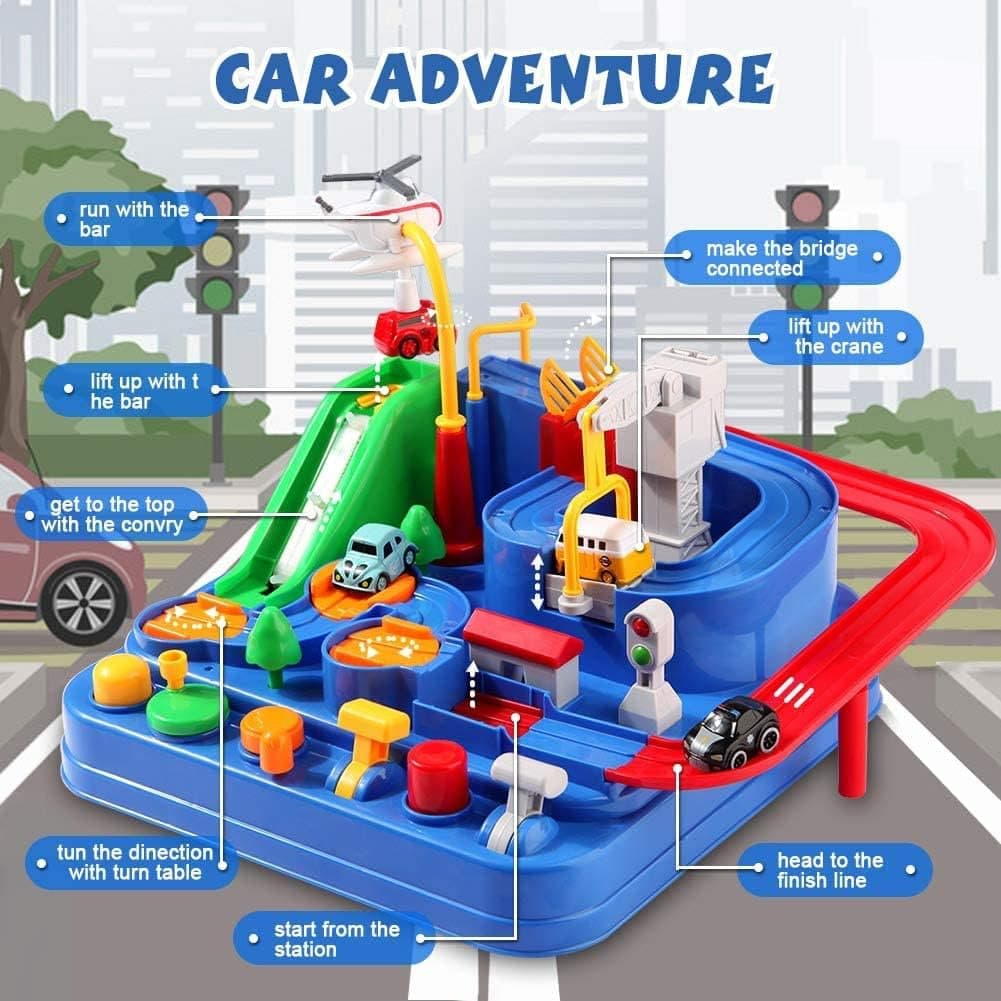 Bolalar uchun interaktiv avtotrassa Car Adventure, mexanik o‘yinchoq, 4 mashinacha, rivojlantiruvchi