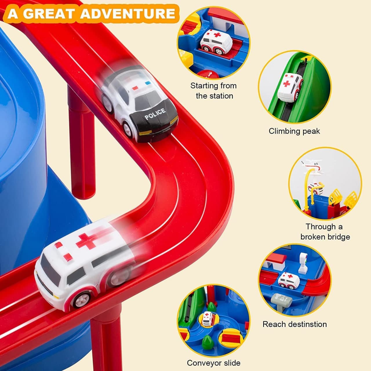 Bolalar uchun interaktiv avtotrassa Car Adventure, mexanik o‘yinchoq, 4 mashinacha, rivojlantiruvchi