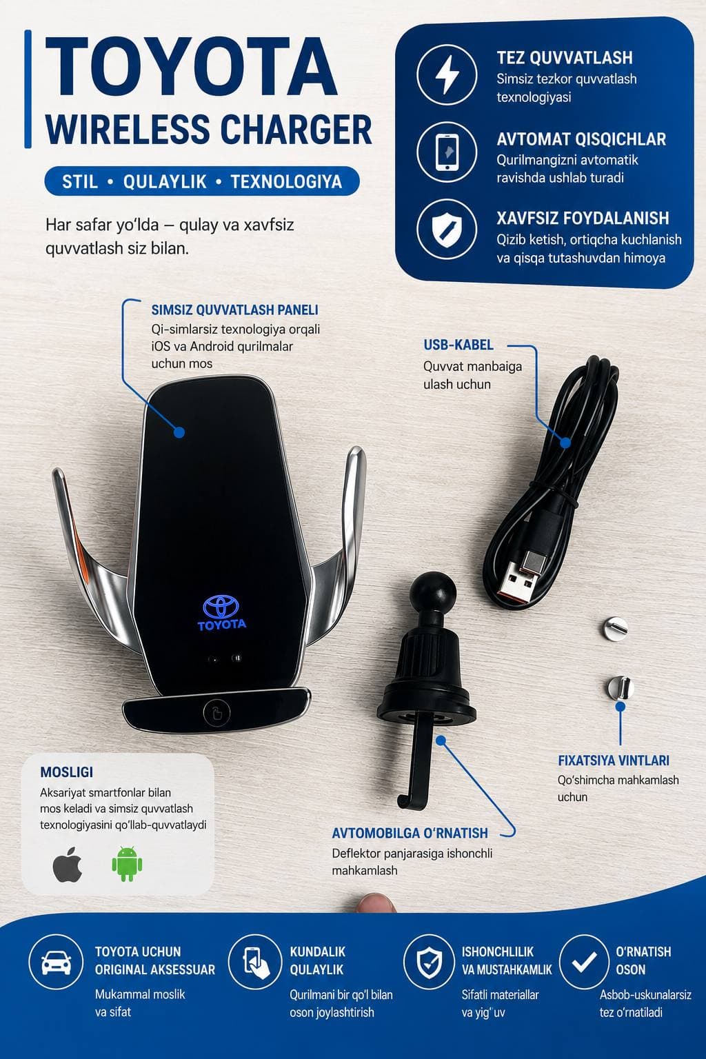 M9S Aqlli simsiz quvvatlovchi avtomobil telefon ushlagichi