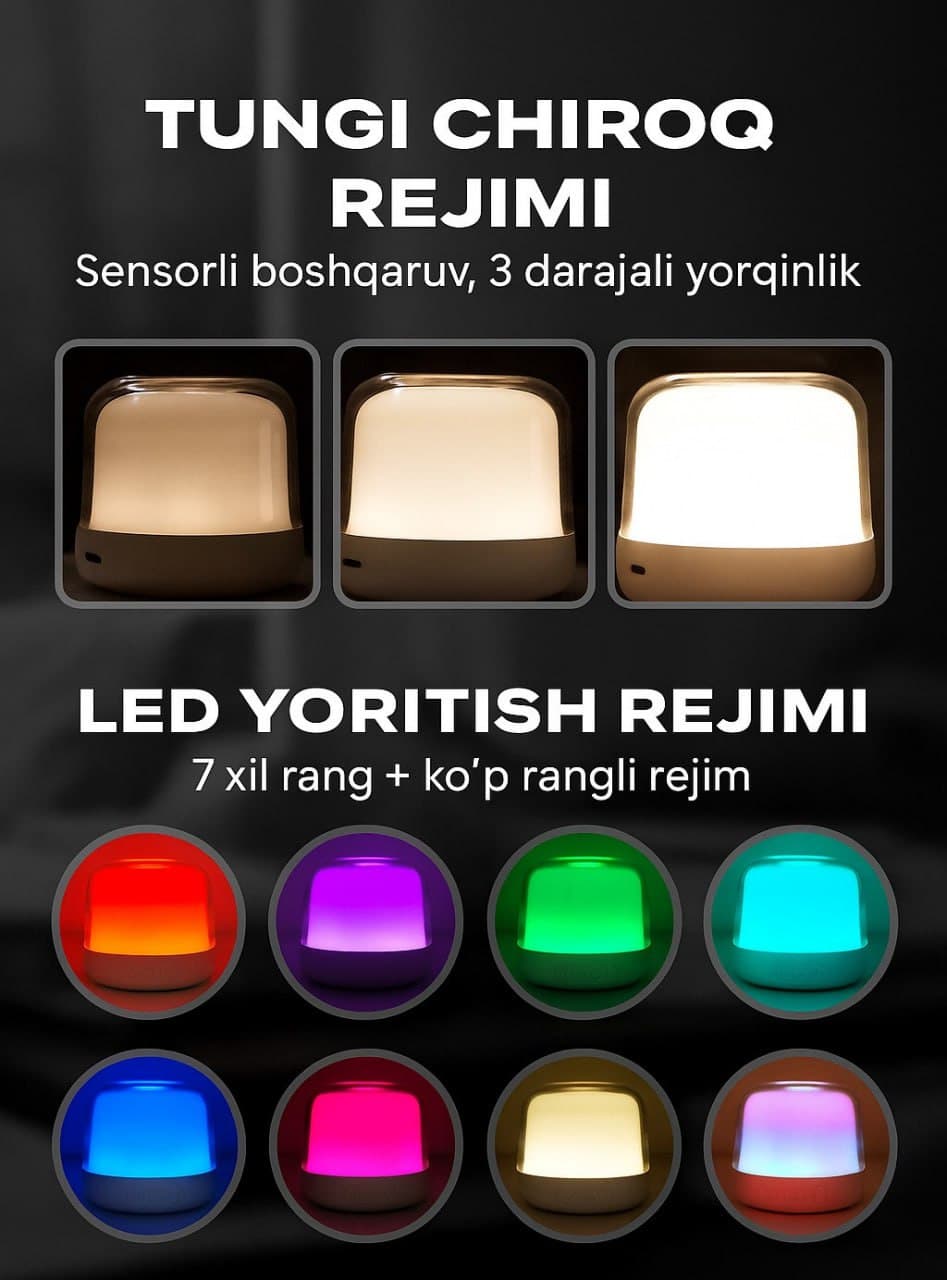 sensorli led tungi chiroq – 3 yorqinlik + 7 rangli rejimli nur
